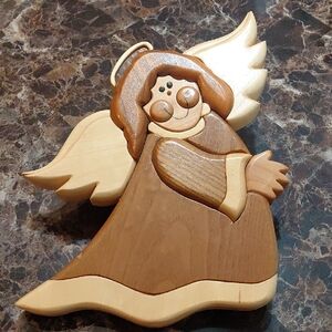 Vintage Hand Crafted Intarsia Wooden Angel Decor